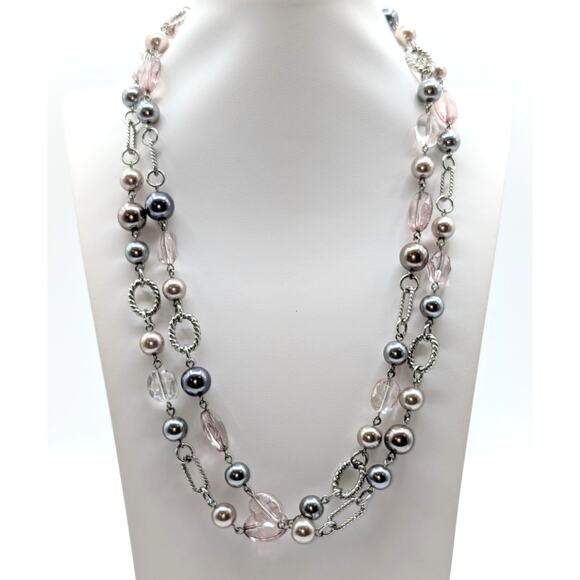 Signed Premier Design Silver Tone Beaded Faux Pearl 48" Necklace - Picture 2 of 6